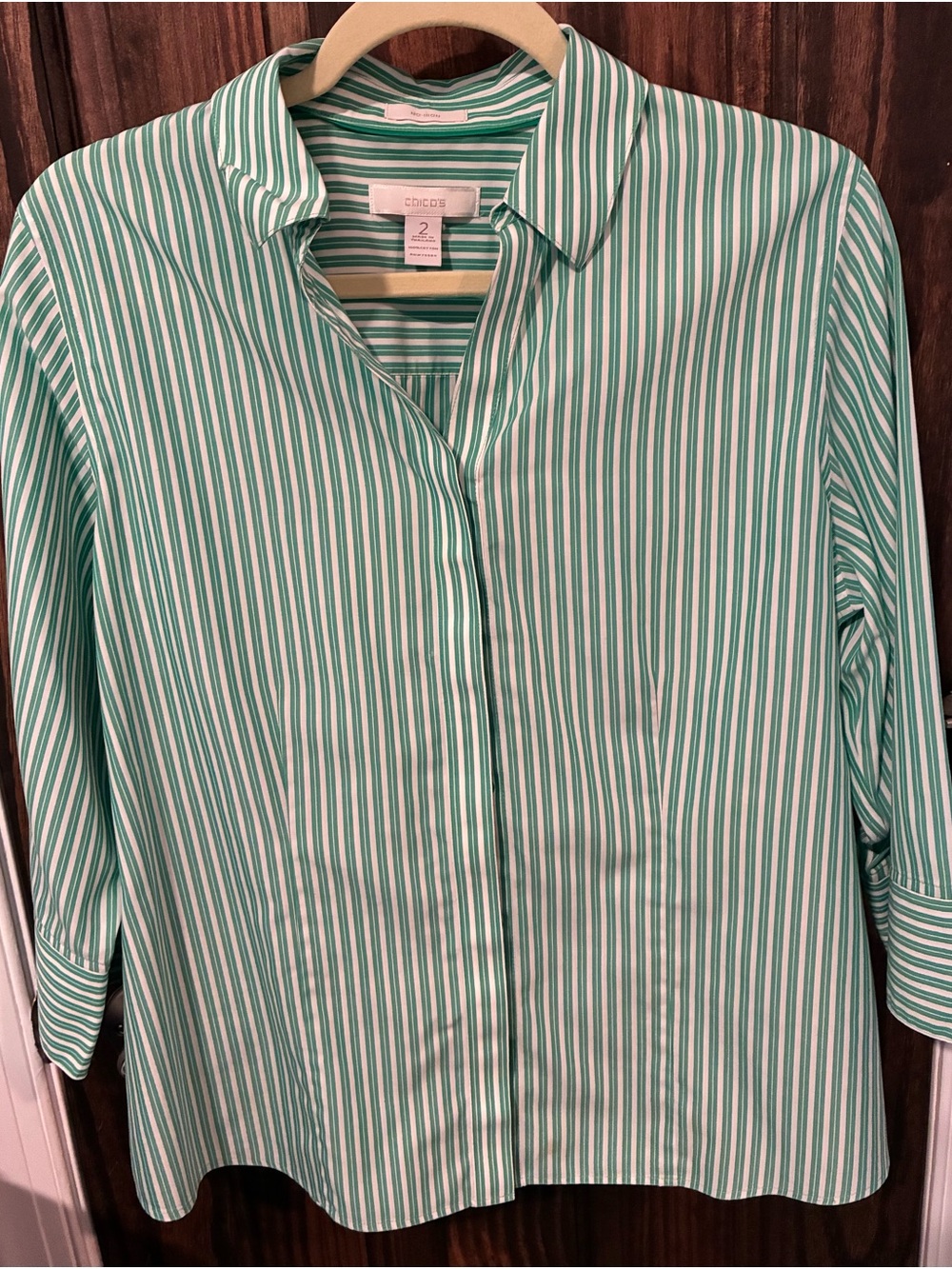 Chico's Green and White Striped Button-Down Shirt
